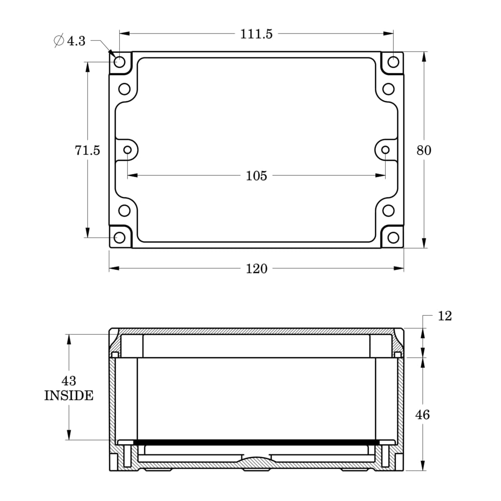 120 x 80 x 55 mm PCB Enclosure Dimension