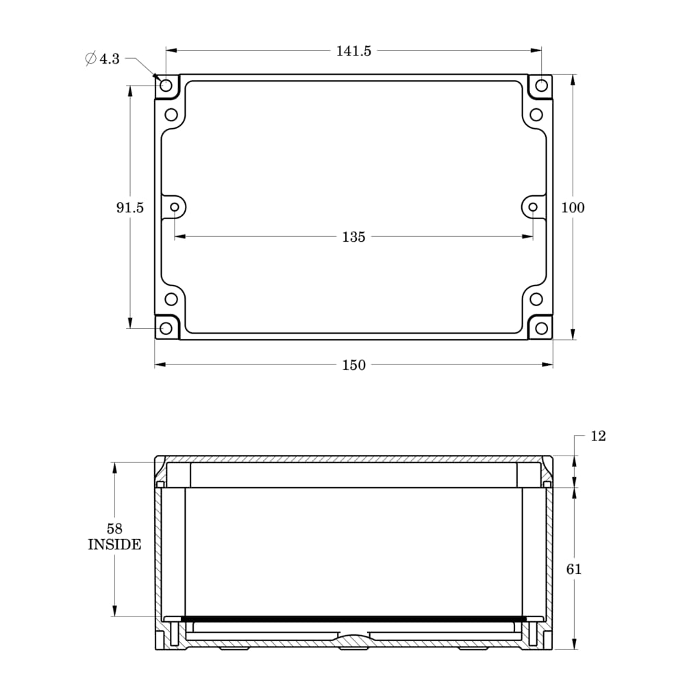 150 x 100 x 70 mm PCB Enclosure Dimension