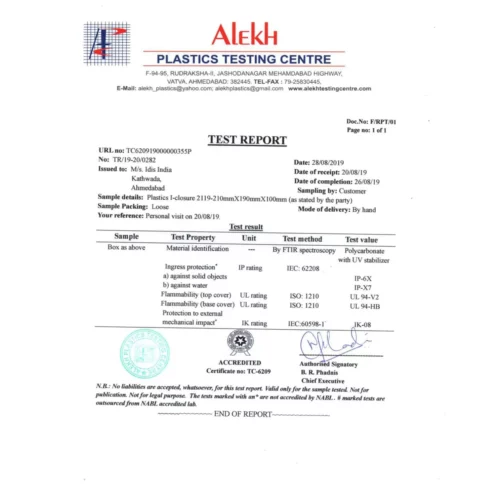 ABS Enclosure 210 X 190 X 100 mm IP67 test report