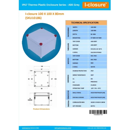 Datasheet 100 X 100 X 80 MM ABS Grey ID-1070