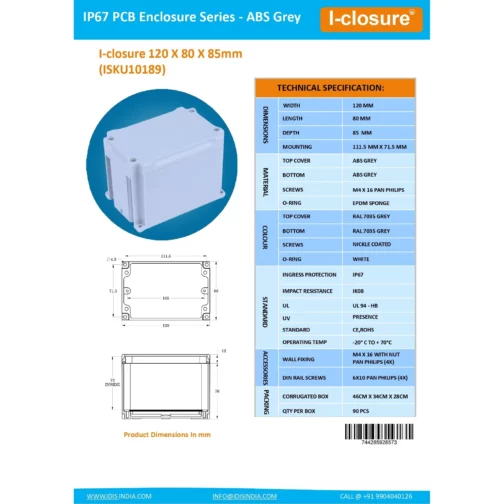 Datasheet 120 X 82 X 85 MM Grey ID-1208