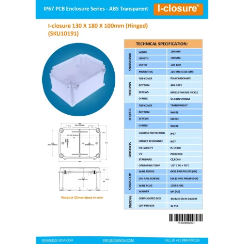 Datasheet 130 X 180 X 100 MM PC ABS ID-1093