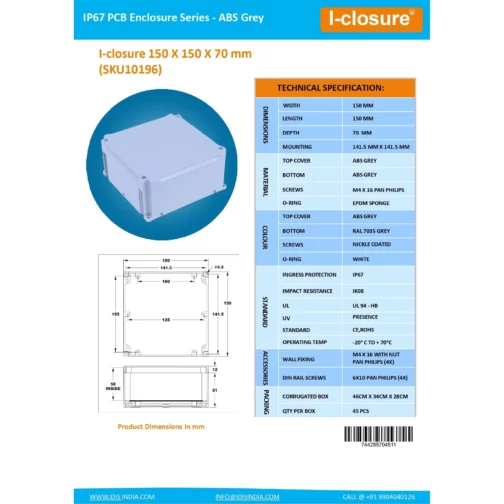 Datasheet 150 X 150 X 70 MM Grey ID-1261