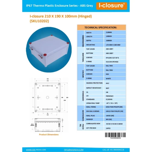 Datasheet 210 X 190 X 100 MM ABS Grey ID-1134