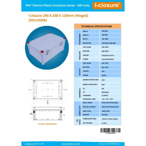 Datasheet 290 X 200 X 130 MM ABS Grey ID-1135