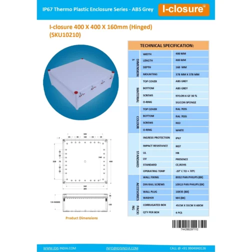 Datasheet 400 X 400 X 160 MM ABS Grey ID-1137