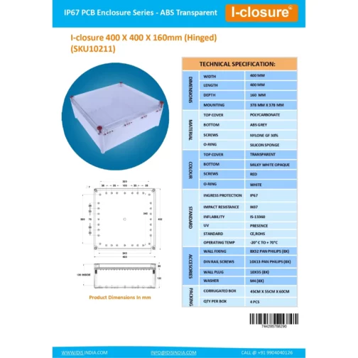 Datasheet 400 X 400 X 160 MM PC ABS ID-1044