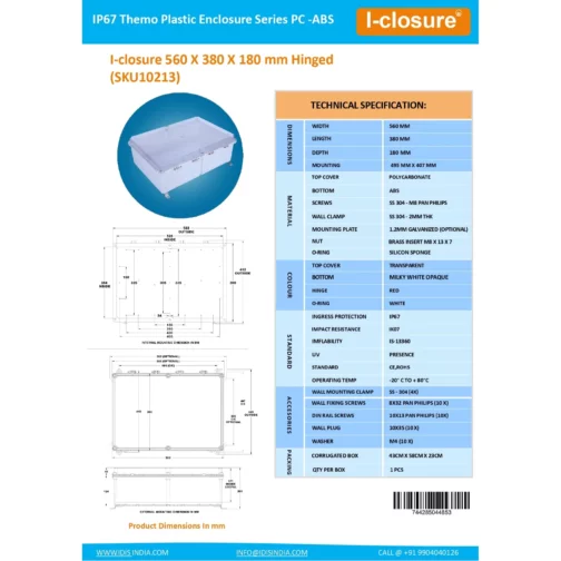 PC ABS Enclosure Waterproof IP65 IP67 560 x 380 x 180 mm Data sheet